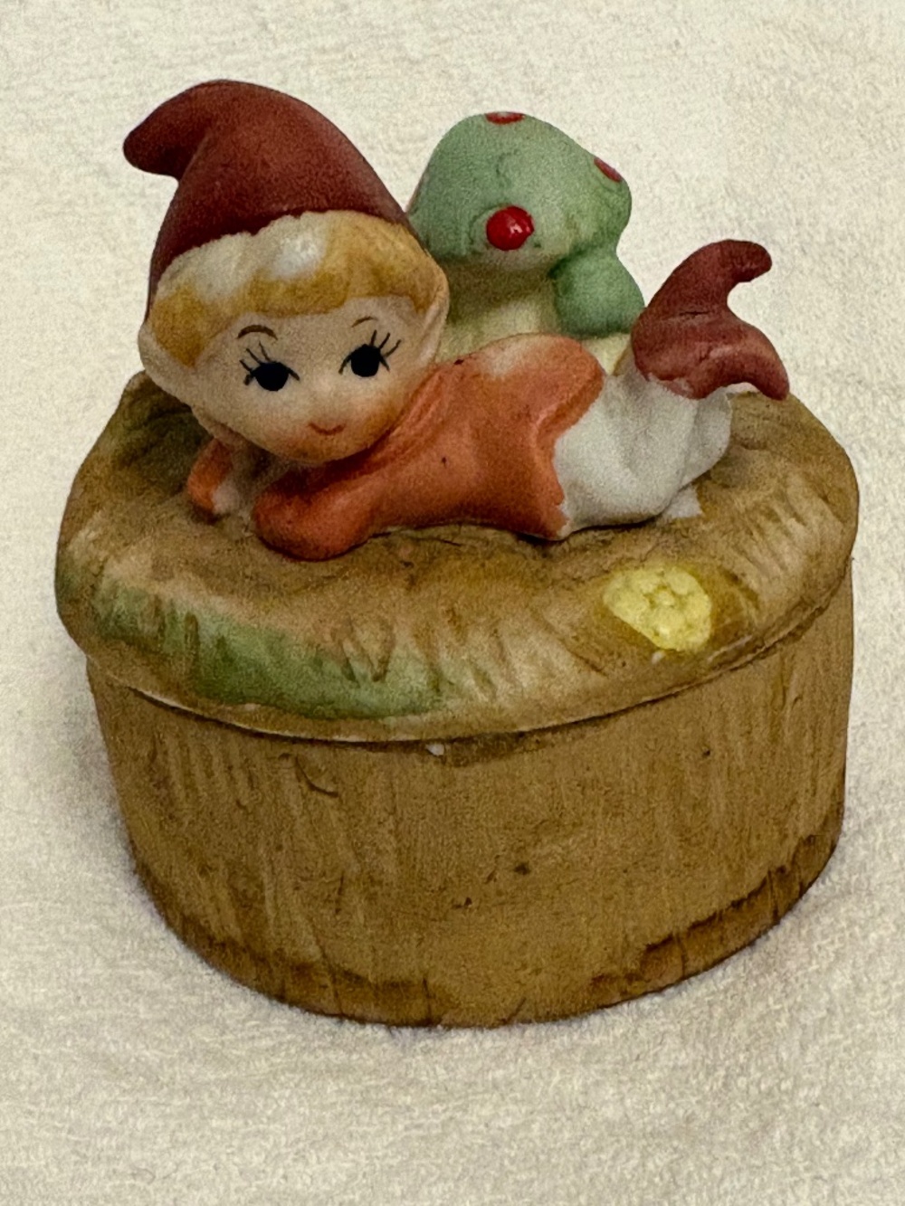 Vintage 1970s Homco Ceramic Pixie Elf & Mushroom Trinket Box #5404